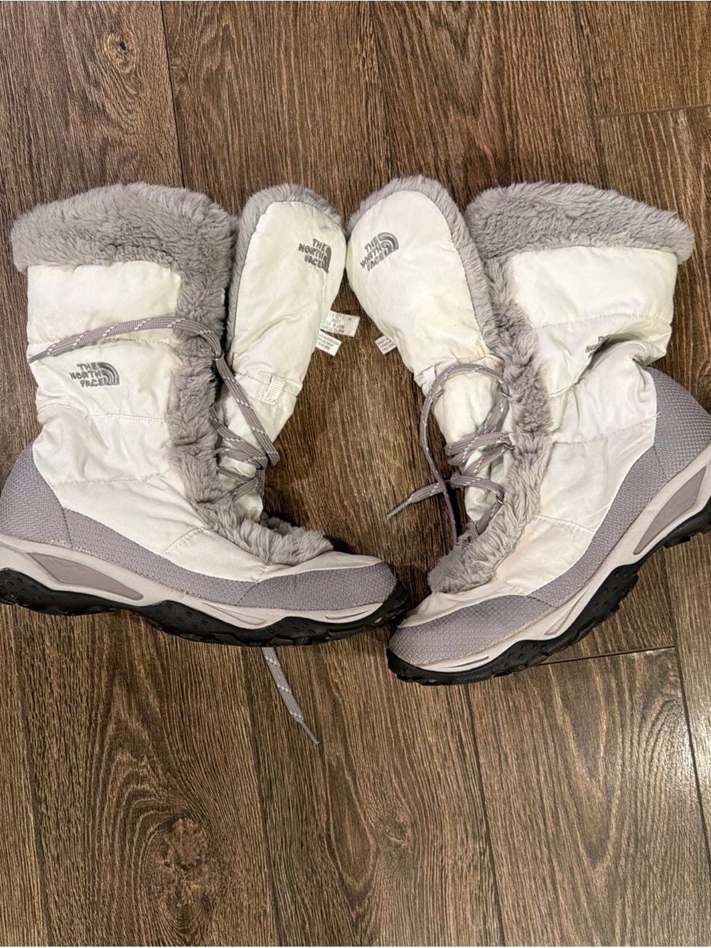 The North Face Women's White and Light Gray Fur-Trim Winter Boots